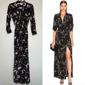 NWT L'AGENCE Silk Floral Butterfly Print 3/4 Sleeve Tie Waist Maxi Shirt Dress S